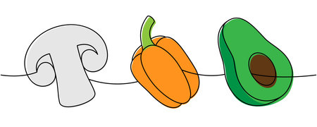 Fresh mushroom, bell pepper, avocado one line colored continuous drawing. Fresh organic vegetables. Vector illustrationのイラスト素材
