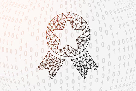Award 3d low poly symbol with binary code background. Reward design vector illustration. Quality guarantee polygonal symbol with connected dotsのイラスト素材