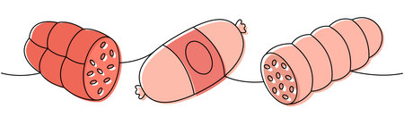 Doctors sausage, chicken sausage one line colored continuous drawing. Fresh raw sausages. Vector...