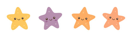 Set of colorful starfish with smiling faces for children and ocean-themed designsのイラスト素材