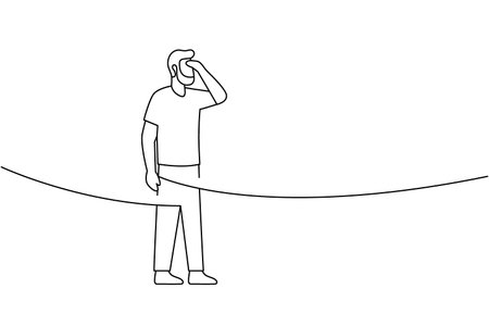 Minimalist contour of a bearded man shading his eyes, looking forward. Simple line art for vision and discovery themesのイラスト素材