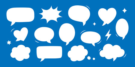 White comic speech bubbles with blue background. Cartoon doodle talk balloons set for chat, comics, and pop art communication designのイラスト素材