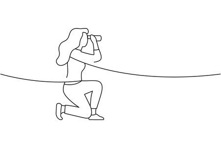 Minimalist line art of a kneeling woman looking through binoculars. Simple outline concept for search, discovery, and exploration themesのイラスト素材