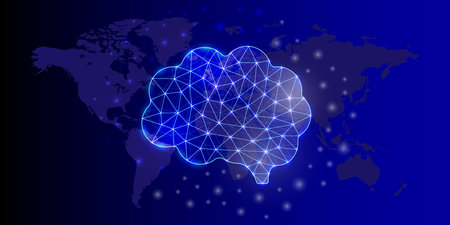 Human brain polygonal horizontal banner. Mind low poly symbol with world map background. Organ design template illustration.のイラスト素材