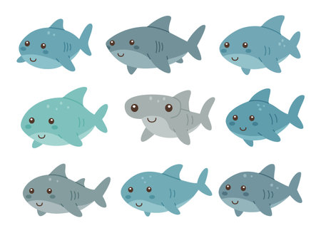Cartoon shark collection. Adorable marine predators in blue and grey tones for ocean-themed designsのイラスト素材