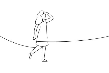Minimalist contour of a walking woman shading her eyes, looking forward. Simple outline style for exploration and future vision conceptsのイラスト素材