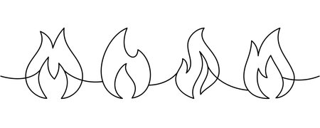 Continuous line of four flames. Minimal fire border outline for hazard design, hot product packaging and decorative vector artworkのイラスト素材