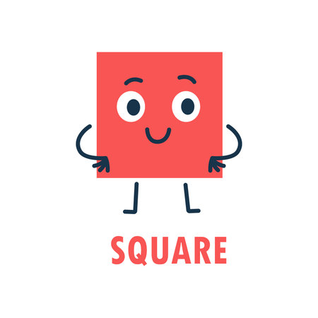 Red square cartoon character with smiling face, arms and legs. Fun geometric shape vector illustration for children learning materialsのイラスト素材