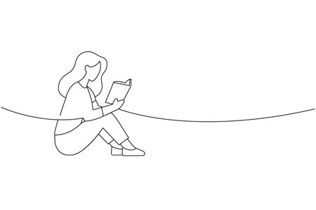 Sitting woman reading book in outline drawing style. Calm posture and minimalist educational themeのイラスト素材