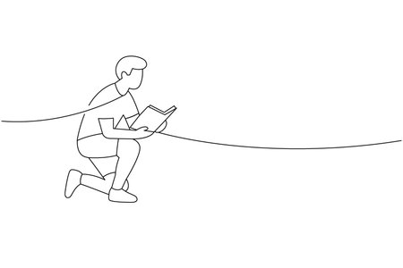 Young man kneeling and reading book. Continuous line vector for literacy designのイラスト素材