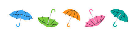Bright vector illustration of open and reversed umbrellas in colorful minimalist style for rain and weather themesのイラスト素材