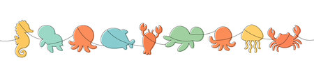 Pastel ocean animals. Seahorse, octopus, fish, crab, jellyfish and turtle, cute minimalist outline silhouettesのイラスト素材