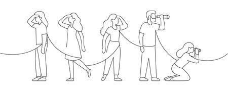 People looking ahead in different poses. Simple line art for teamwork, search, and vision themesのイラスト素材