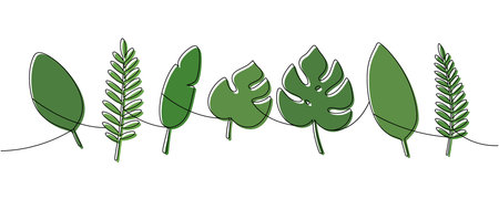 Minimalist green-filled line drawing of tropical leaves. Elegant botanical contour art for stylish nature-themed designsのイラスト素材