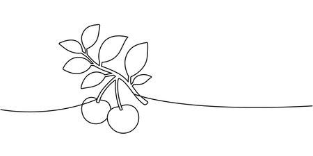 Cherry branch with leaves. Minimal continuous line art fruit design for modern botanical and food conceptsのイラスト素材