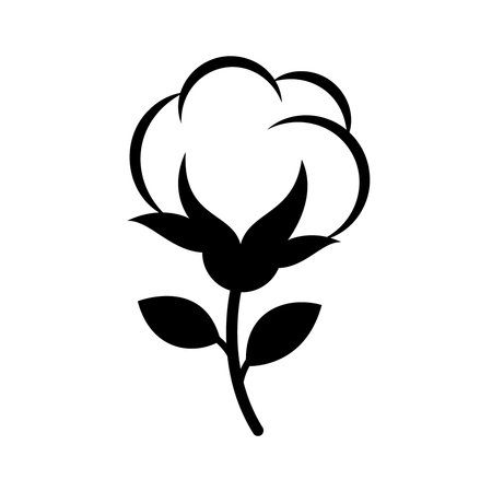 Black cotton flower with stem and leaves. Flat vector icon for minimal agricultural designs or textile product brandingのイラスト素材