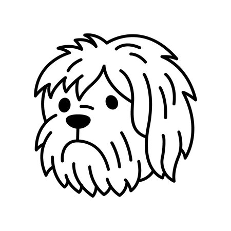 Shaggy cartoon dog with long messy fur and round nose. Cute black and white vector dog faceのイラスト素材