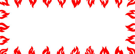 Frame border of red flames on white background. Vector fire decorative border for warning labels, hot product design and creative artworkのイラスト素材