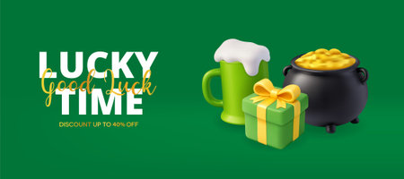 St. Patricks Day sale banner with green beer mug, gift box and pot of gold on dark green backgroundのイラスト素材