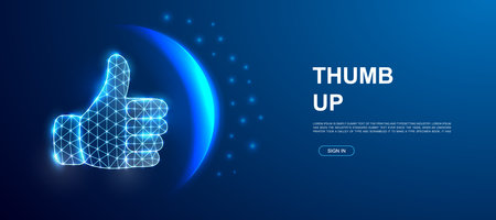 Glowing digital thumbs up symbol with futuristic elements on dark blue backgroundのイラスト素材