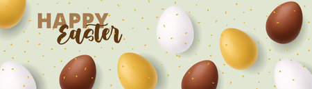 Happy Easter green banner with golden, white and chocolate eggs. Festive 3D holiday background with...