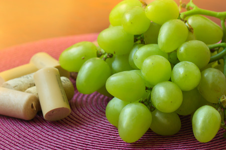grape and corks on a table. bunch of white grapes and corks from wine bottlesの写真素材