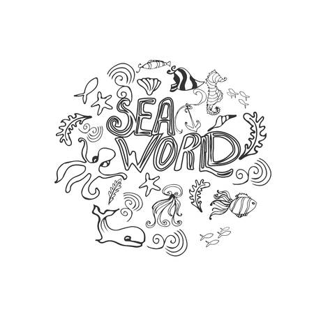 Hand drawn set with sea animals.Underwater life design. Tropical sea life background.  handdrawn poster with lettering with different sea creatures. Design element for travel company made in vector. Adventure banner. Diving concept.の写真素材
