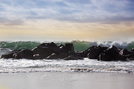 Stormy ocean waves beautiful seascape big powerful tide in action storm weather in a deep blue sea...