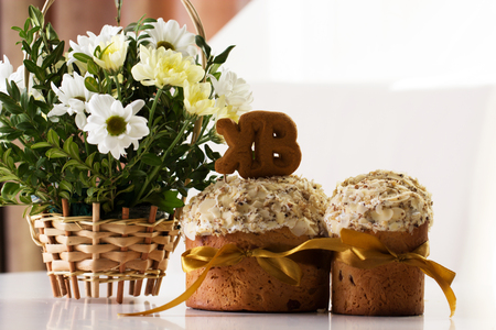 Homemade Easter Cake for Easter celebrating. Fresh Easter cake kulich (Easter bread paska paskha) の写真素材