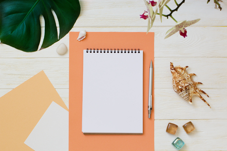 Summer holiday background, travel concept  on wooden table background. Top view travel or vacation conceptの写真素材