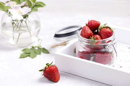 Homemade preserves, prepare compote of strawberries.Fresh strawberries for jam in a jar.の写真素材