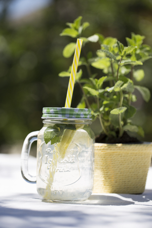 Fresh homemade lemonade with ice. Summer refreshing drinks, mojito or lemonade with fresh mint, slices of lemon, ice, outdoorの写真素材