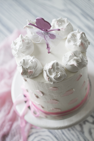 birthday pink cake. Tiered birthday cake. Children's pink cakeの写真素材