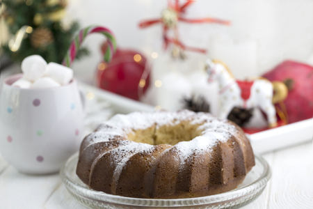 Homemade christmas cake with christmas decoration. Copy space.の写真素材