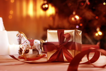 Christmas holidays composition with copy space for your text. Christmas gift box  with red ribbon.の写真素材