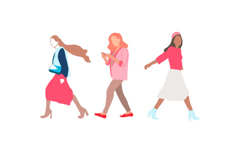 Set of women walking.  holding a phone. Cartoon vector flat-style illustrationの写真素材
