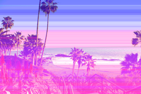 palms in the city of Los Angeles. Toning.  Digital illustration of palm tree crowns. Exotic...