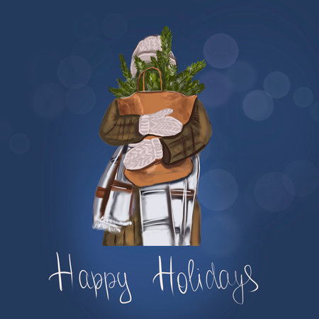 Illustration with woman holding a fir. happy new year. Winter holidays and vacations.の写真素材