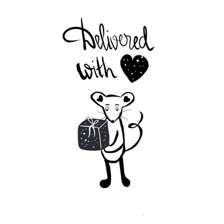 cute cartoon mouse holding a gift box. Happy Holidays postcards. Valentines day postcard with quote Delivered with loveの写真素材