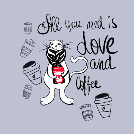 Happy Holidays postcard with cute cartoon cat . postcard with quote All you need is love and coffeeの写真素材