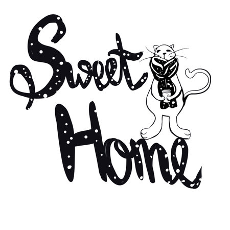 Cute cartoon cat.  Happy Holidays postcards.  postcard with quote Sweet homeの写真素材