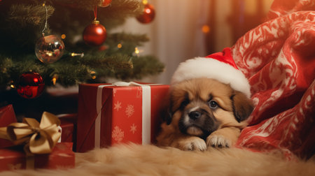 New year present concept. A puppy under the Christmas tree. Dog in Santa hatの素材