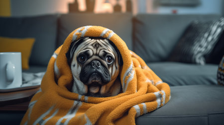 Cute dog is freezing in living room and warming himself under blanket. dog under a blanket at homeの素材