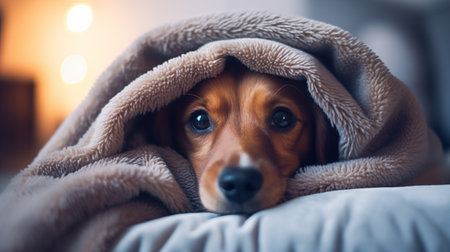 Cute dog is freezing in living room and warming himself under blanket. dog under a blanket at homeの素材