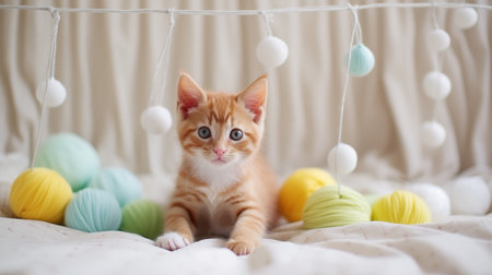 ginger cat playing with white and green balls skeins of thread on white bed. Little curious kitten lying over white blanket looking at cameraの素材