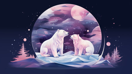 an image of bears sitting, dreamy and romantic compositions. two polar bears sitting on a polar iceberg with hearts on itの素材