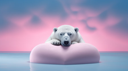 digital illustration of polar bear lying on a pink heart. Valentine's polar bear in the sky sitting on a pink pillowの素材