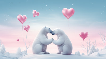 two polar bears with heart shaped balloons on ice. two polar bears embracing each other with hearts on their headの素材