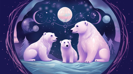 digital illustration of three polar bears together in the evening sky. an image of bears sitting, dreamy and romantic compositions. polar bear family in snow, stars and the moonの素材