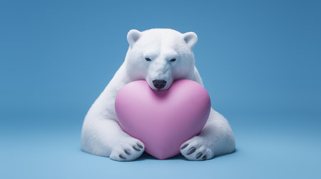 digital illustration of polar bear lying on a pink heart. Valentine's polar bear in the sky sitting on a pink pillowの素材